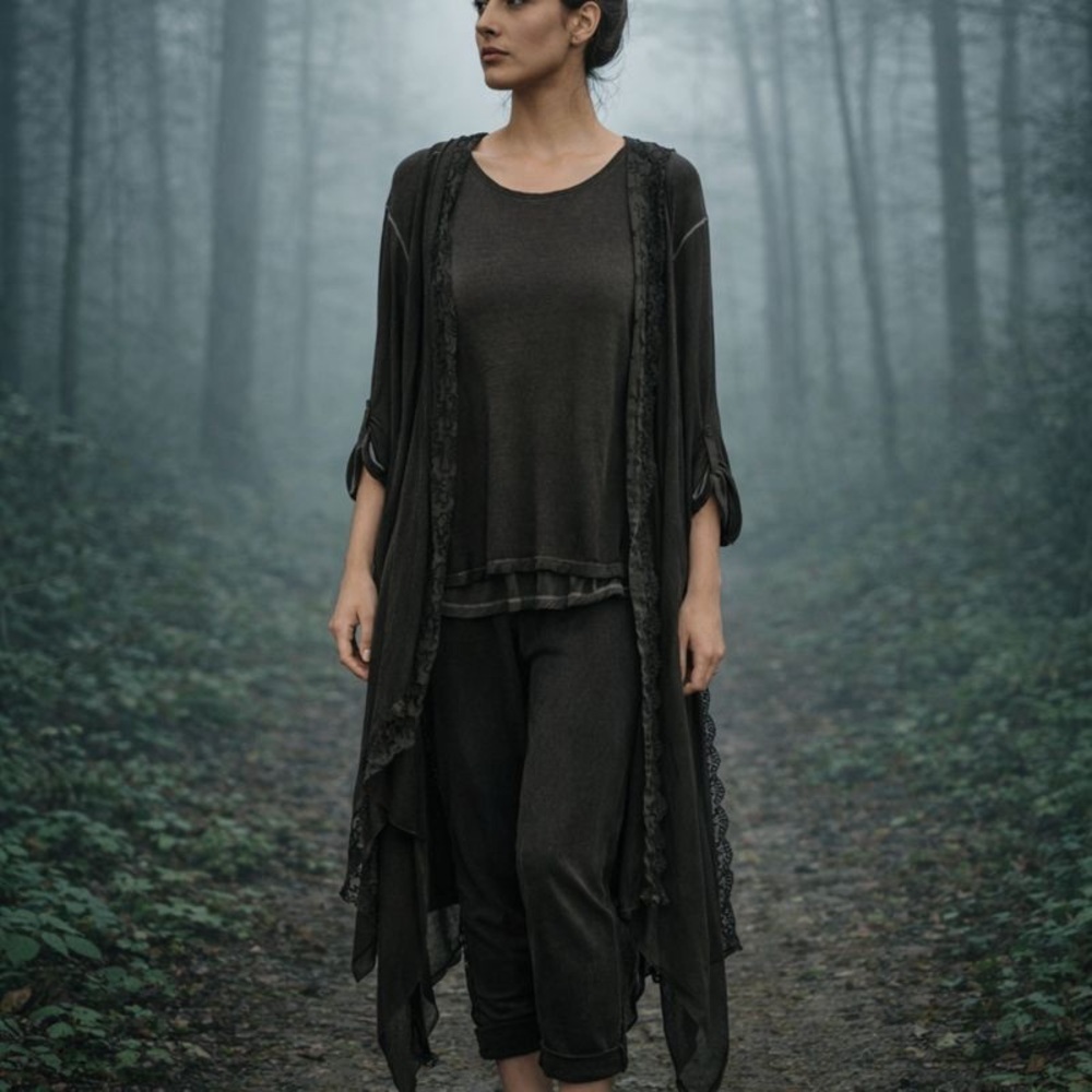 Women’s Grunge Green Lace Duster Tunic Ruched Leggings Set Goblincore Fairy O/S